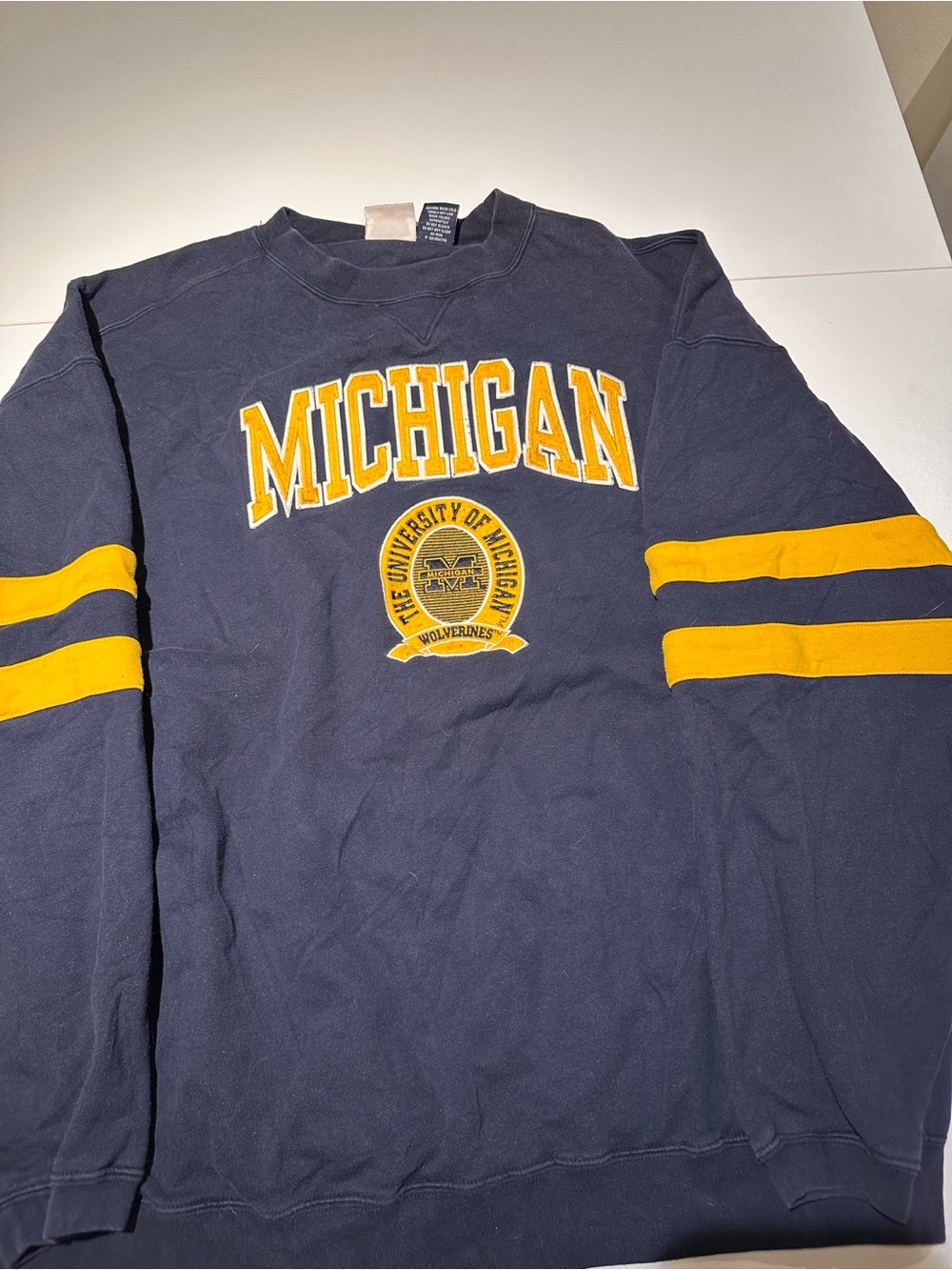 MICHI Navy Crewneck Sweatshirt with Yellow Lettering and Stripes
